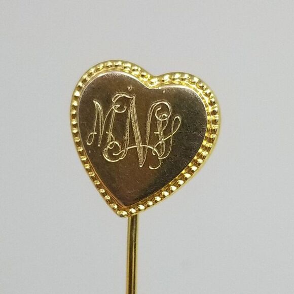 Vintage Heart Stick Pin Engraved Monogram M.N.V. Gold Tone Brooch, Estate - Picture 6 of 6